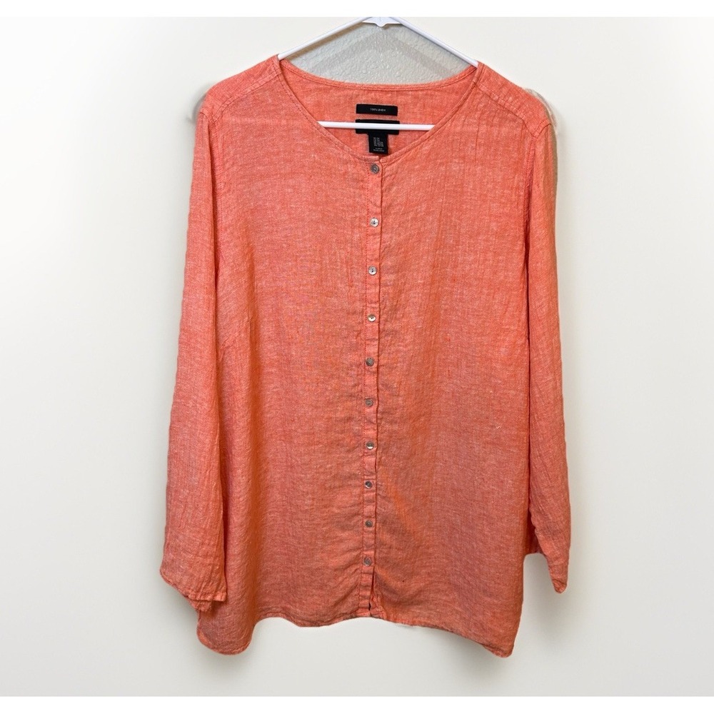 Tahari Linen Coral‎ Textured Longline Button Front Tunic Roll tab Sleeves 2x
